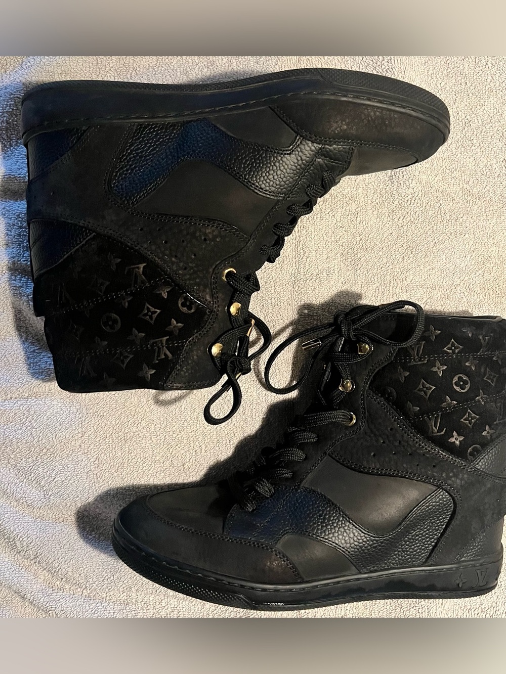 Louis Vuitton Millenium Wedge Sneakers Leather Embossed Suede Black Size 6 - Picture 1 of 7